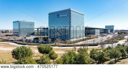 Madrid, Spain, February 4, 2023: Complex Of Buildings And Skyscrapers Of Offices Of Telefonicas Head