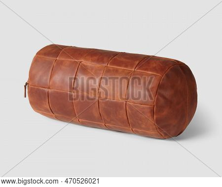 Hand-stitched Bolster Cushion Of Reddish-brown Color Genuine Leather