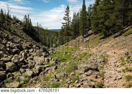 Mallard Lake Trail Heads Downhill Through Edge Of Boulder Field In Yellowstone National Park