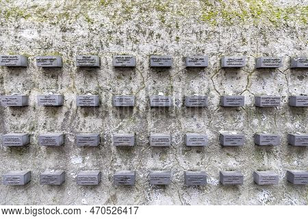 Frankfurt, Germany - January 25, 2023: Names Of Killed Jewish People At A Wall Of The Old Jewish Cem