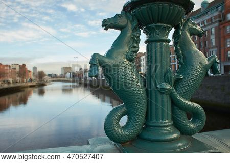 Image Of The River Liffey Dublin From Grattan Bridge With Sea Horses Bridge Ornament Statue To The F