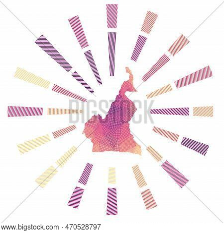 Cameroon Sunburst. Low Poly Striped Rays And Map Of The Country. Powerful Vector Illustration.
