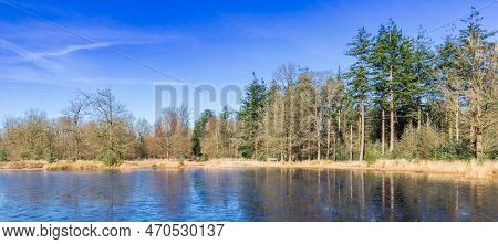 Panorama Of A Frozen Lake In National Park Drents Friese Wold, Netherlands