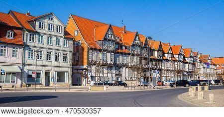 Wolfenbuttel, Germany - March 23, 2022: 
Panorama Of Historic Houses On Hte Kornmarkt Square In Wolf