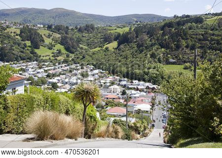 The Scenic View Of Dunedin Residential District And A Hilly Suburb Area From The Top Of Baldwin Stre