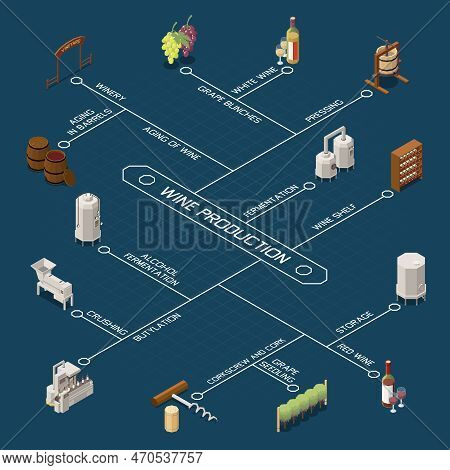 Isometric Flowchart With Equipment For Wine Production And Storage On Blue Background 3d Vector Illu