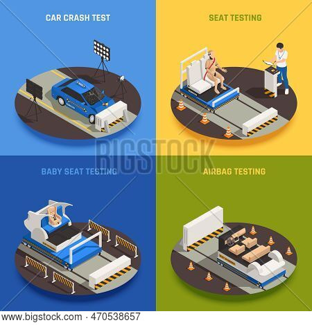 Crash Test Car Safety Isometric 2x2 Design Concept With Text And Images Representing Different Testi