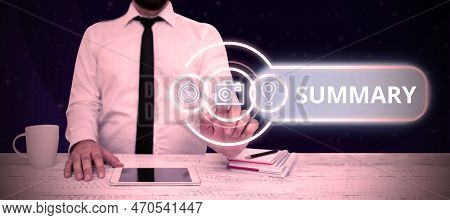 Sign Displaying Summary. Concept Meaning Brief Statement Abstract Synopsis Concise Abbreviated Versi