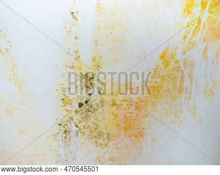 Mold On Bathroom Enamel. Black Dots Of Mold And Yellow Plaque. Requires Cleaning. Before Using Clean