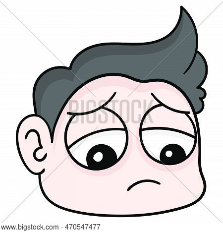 A Boy With A Tired Sleepy Face And Limp Eyes, Vector Illustration Carton Emoticon. Doodle Icon Drawi