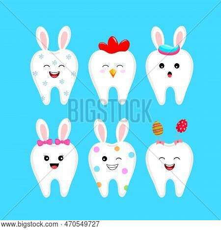 Cute Cartoon Tooth Characters With Rabbit Ears Decoration, Hen Tooth And Easter Egg. Happy Easter Co