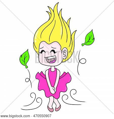 Beautiful Blonde Girl Wearing A Skirt Blown By The Wind, Vector Illustration Art. Doodle Icon Image 