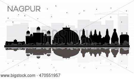 Nagpur India City Skyline Black And White Silhouette With Reflections. Simple Flat Concept For Touri