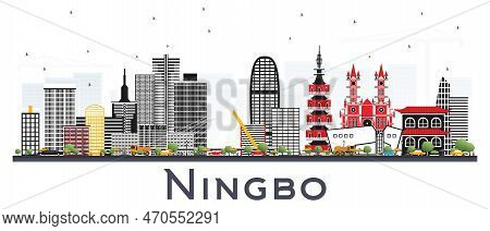 Ningbo China City Skyline With Color Buildings Isolated On White. Vector Illustration. Business Trav