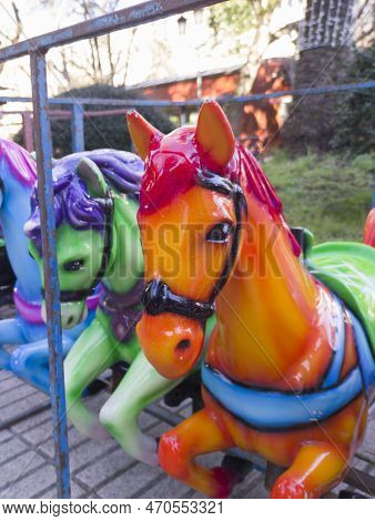 Horses Out Of Merry-go-round Placed On Line. Outdoors Shoot