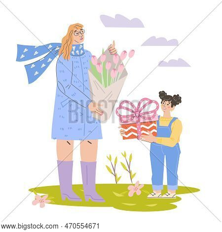 Woman Receives Flowers And Gift From A Child, A Flat Vector Illustration On A White Background. Moth