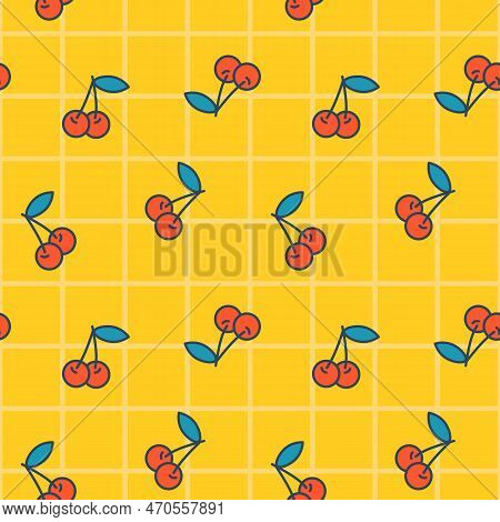 Vector Seamless Pattern With Cherry. Cute Cherry On Yellow Plaid Background. Wrapping And Clothing. 