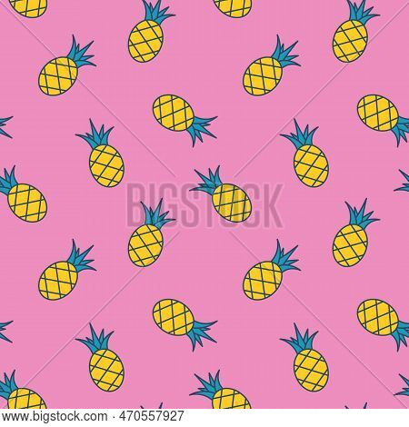 Vector Seamless Pattern With Pineapples. Retro Pattern With Tropical Fruit On Pink Background. Groov
