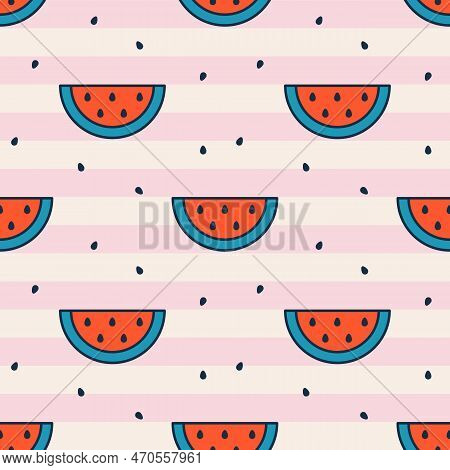 Vector Seamless Pattern With Watermelon And Speed. Stried Pattern In Retro Style. Watermelon Backgro