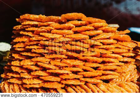 Indian Nepali Traditional Sweet Food Jilebi Kept For Sale In A Restaurant.