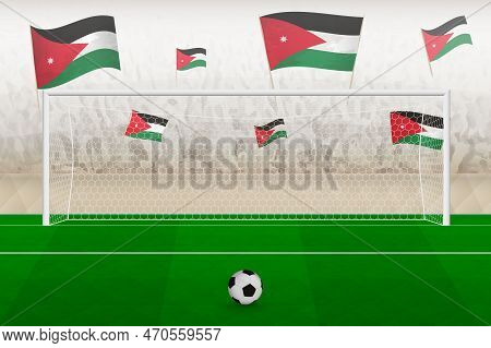 Jordan Football Team Fans With Flags Of Jordan Cheering On Stadium, Penalty Kick Concept In A Soccer