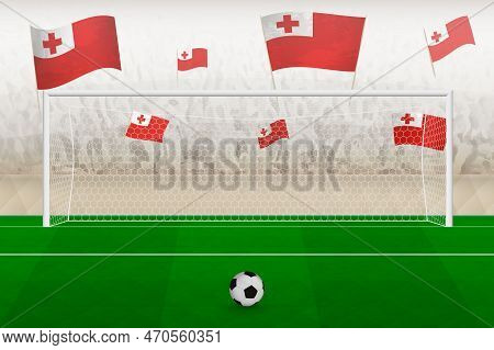 Tonga Football Team Fans With Flags Of Tonga Cheering On Stadium, Penalty Kick Concept In A Soccer M
