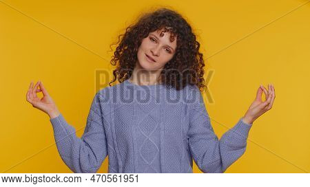 Keep Calm Down, Relax, Inner Balance. Curly Haired Woman Breathes Deeply With Mudra Gesture, Eyes Cl