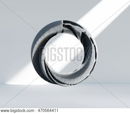 3d Render, Abstract Geometric Torus Shape, Cracked Surface With Hole. Split Object Isolated On White