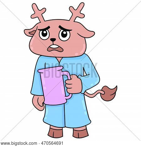 The Deer Is Thirsty Carrying An Empty Glass Asking For Water, Vector Illustration Art. Doodle Icon I