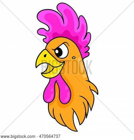 The Head Of The Rooster Has A Fierce And Firm Face, Vector Illustration Carton Emoticon. Doodle Icon