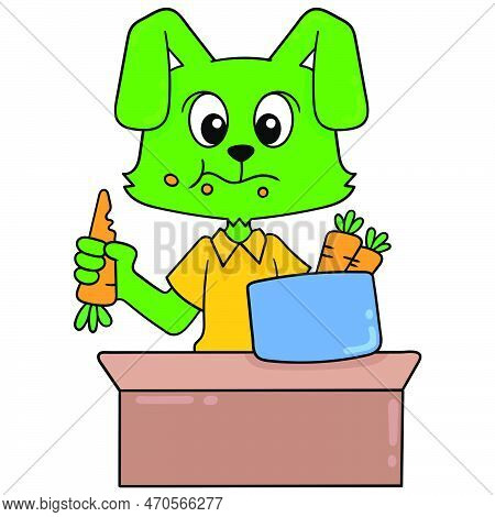 Green Rabbit Enjoying Carrot Vegetables Sayuran, Vector Illustration Art. Doodle Icon Image Kawaii.