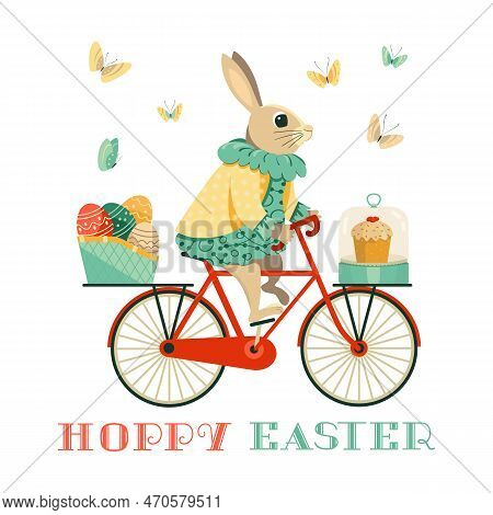 Hoppy Easter Fancy Vector Poster With Funny Bunny Girl Riding Bicycle. Cute Rabbit Bunny Carrying Eg