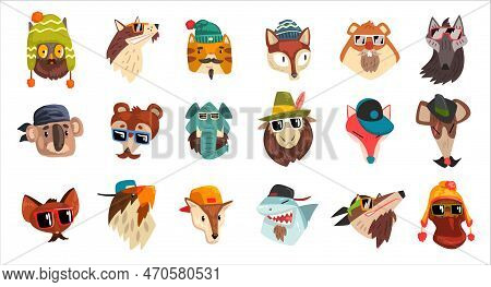 Set Of Hipster Animals. Funny Owl, Cat, Dog, Fox, Wolf, Koala, Shark, Elephant Wearing Sunglasses An
