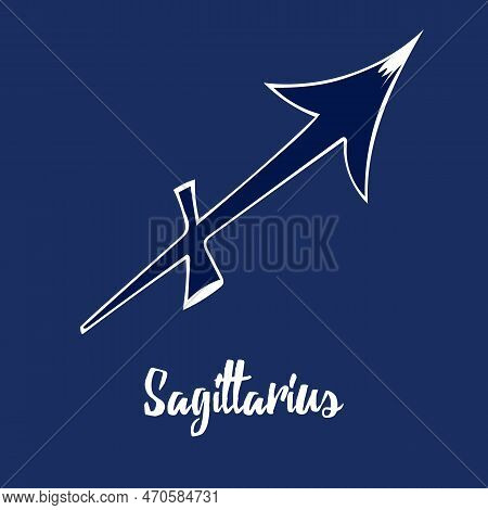 Hand Drawn Zodiak Signs. Blue Sagittarius Zodiac Icons On A Blue Background. Astrological Symbols Of