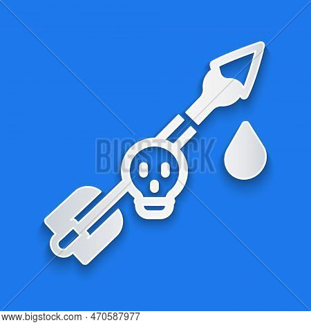 Paper Cut Poison On The Arrow Icon Isolated On Blue Background. Poisoned Arrow. Paper Art Style. Vec
