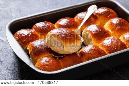 Close-up Of Hawaiian Sweet Rolls, Portuguese Sweet Bread, Soft And Stretchy Buns In Baking Dish On C