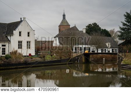 Village Of Bunnik, View Of The Tower Of Reformed Church And River Kromme Rijn