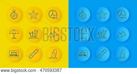 Set Line Signboard With Text Hotel, Sun Protective Umbrella, Ski And Sticks, Surfboard, Egypt Pyrami
