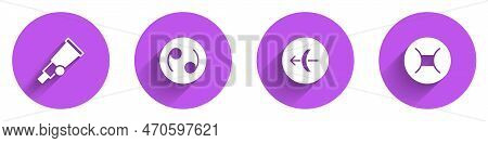 Set Telescope, Cancer Zodiac, Sagittarius And Gemini Icon With Long Shadow. Vector