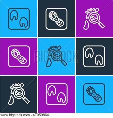 Set Line Horse Paw Footprint, Magnifying Glass With Footsteps And Human Footprints Shoes Icon. Vecto