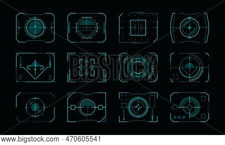 Target Frame Hud Ui. Futuristic Aim Pointers With Control Panel Borders, Sci-fi Screen Display With 