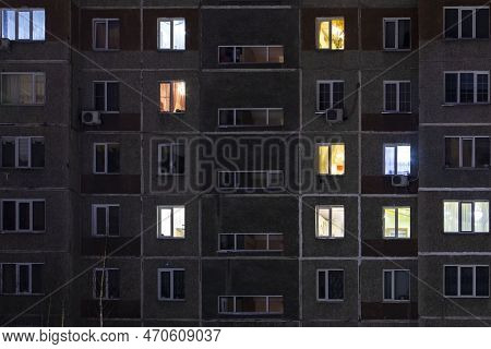 Night View Of Exterior Apartment Building. High Rise Apartments In Night Light