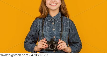 Camera Hanging From Neck Of Happy Girl Photographer Crop View Yellow Background