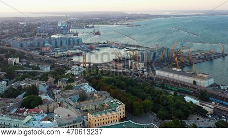 Aerial View Of Sea Port In Odessa City. Urban Indastrial Scape From Above.