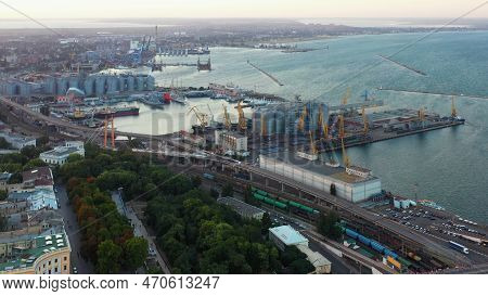 Aerial View Of Odessa City Scape With Sea Port. Urban Indastrial And Marine Scape From Drone.