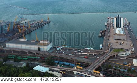 Aerial View Of Sea Port In Odessa Ukraine. Indastrial And Marine Scape From Above.