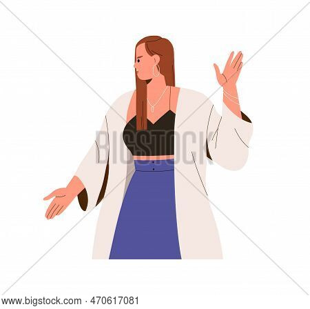 Angry Irritated Woman Shouting, Gesturing Stop With Hand Palm. Annoyed Furious Female Character With