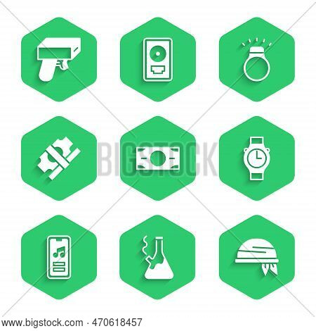 Set Stacks Paper Money Cash, Glass Bong For Smoking Marijuana, Bandana, Wrist Watch, Music Player, D