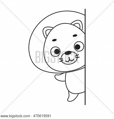 Coloring Page Cute Little Lion Peeking Around Corner. Coloring Book For Kids. Edulionional Activity 