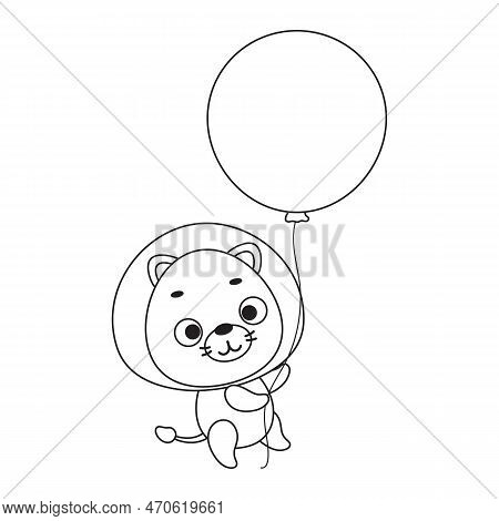Coloring Page Cute Little Lion Flies On Balloon. Coloring Book For Kids. Edulionional Activity For P